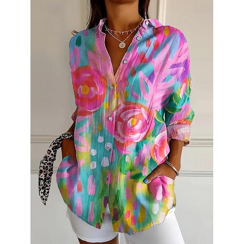Women's Shirt Button Down Tunic Shirt Collar Long Sleeve Floral Graphic Geometric Casual Regular Tops Work Daily s Print White Pink Sky Blue Green Rose Pink Spring Fall Winter3