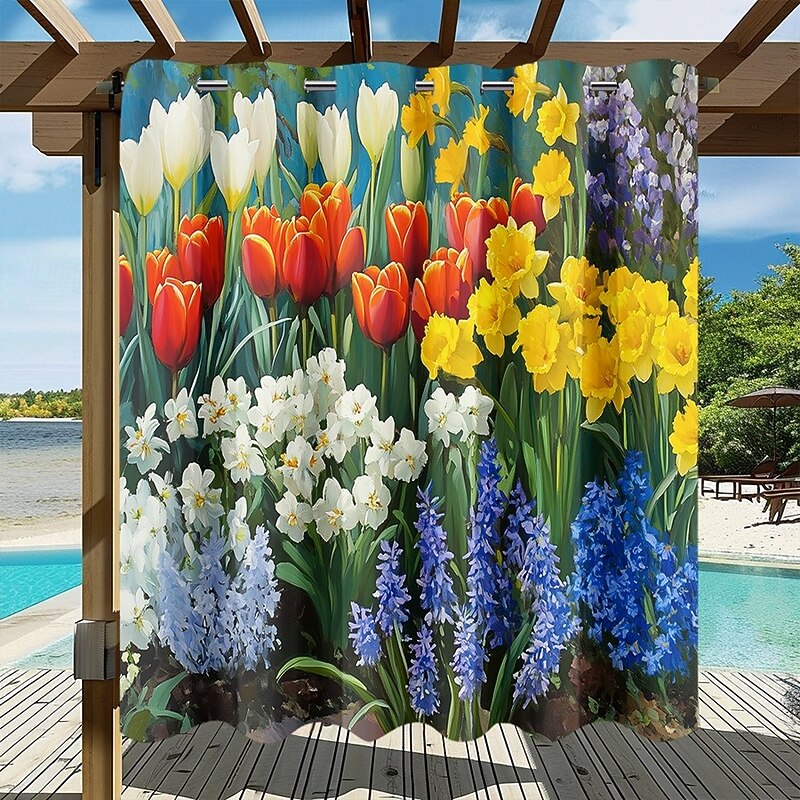 Waterproof Outdoor Curtain Privacy, Sliding Patio Curtain Drapes, Pergola Curtains Grommet 3D Flowers Tulips Landscape For Gazebo, Balcony, Porch, Party, 1 Panel2