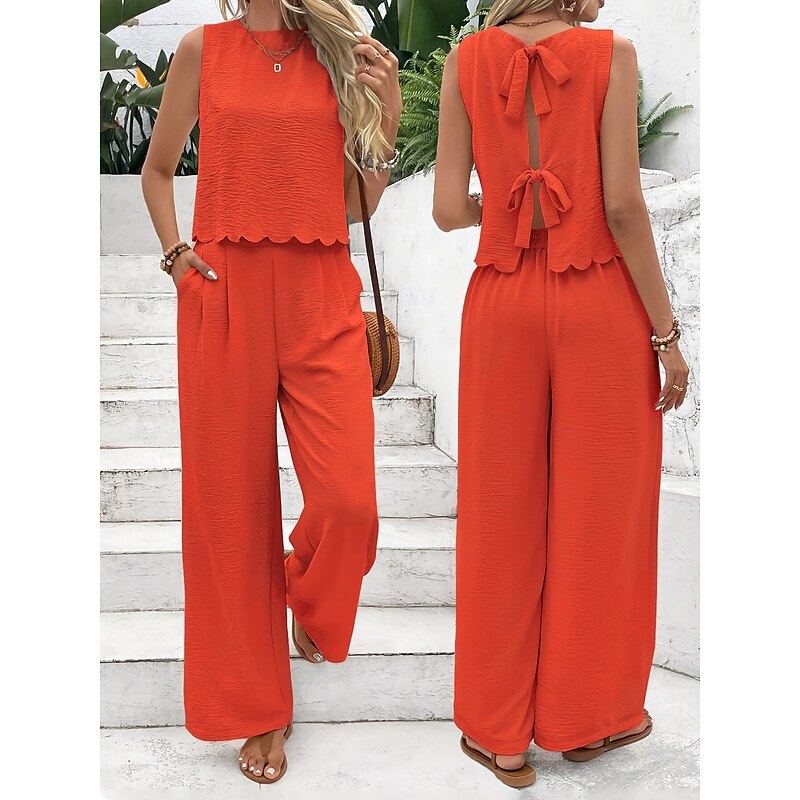Women's Fashion Pants Sets Sleeveless Round Neck Solid Color Lace up Backless Bow Casual Daily Black Dark Navy Orange Summer Regular Fit