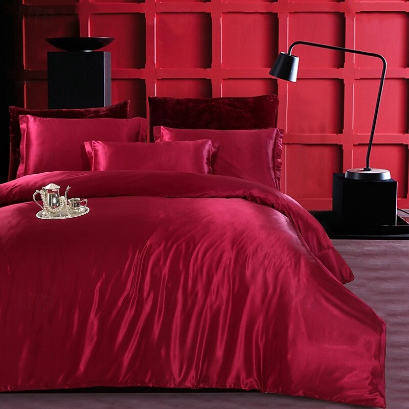 Simulation Silk Satin Solid Color Quilt Cover Pillowcase Bed Sheet Three-piece Set4