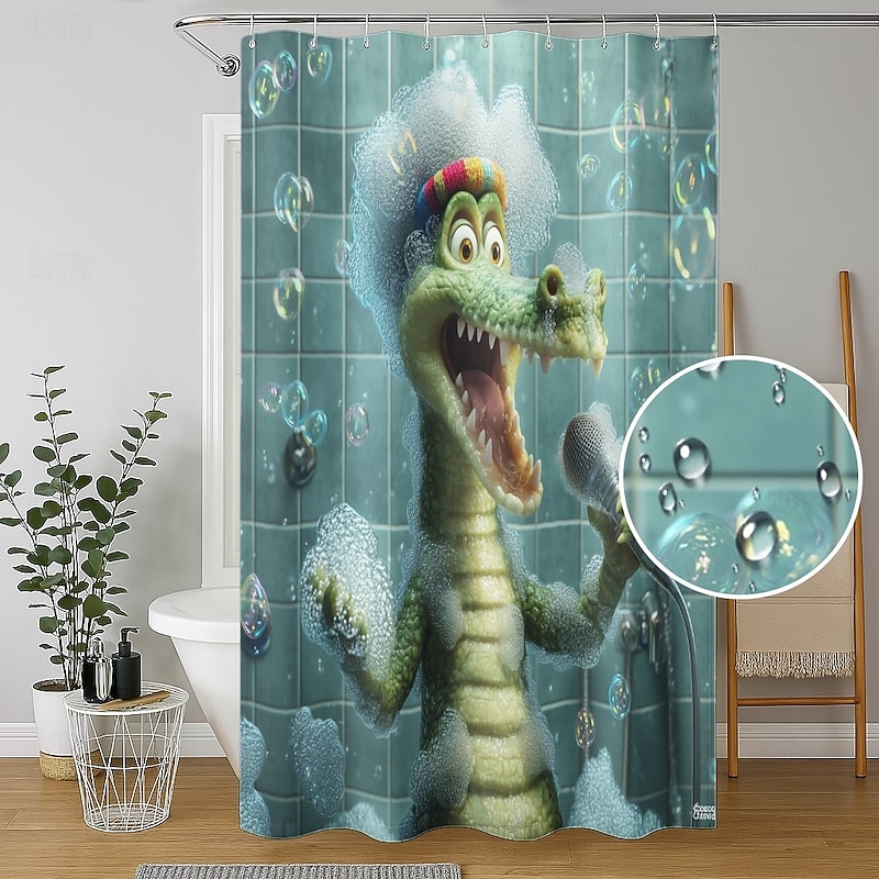 Shower Curtain with Hooks 180cm*180cm(70"*70") Polyester Washable Waterproof Pattern Bathroom Bathtub Decor Animal Crocodile3
