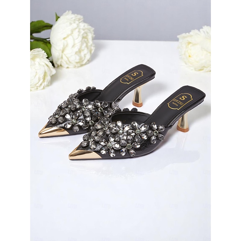 Women's Black Embellished Pointed-Toe Mules – Rhinestone Floral Slip-On Heels with Gold-Tone Accents for Elegant Cocktail Parties and Evening Events3