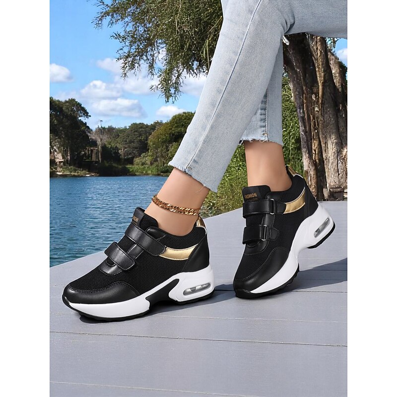 Women's White Mesh Sneakers with Velcro Straps – Fashion Air-Cushioned Athletic Shoes for Casual Wear and City Walks