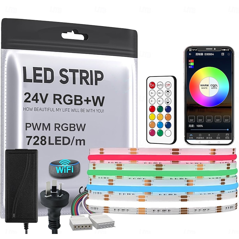 COB LED Strip RGBW Four in One 24.6FT DC24V Color Changing Flexible High-density Uniform Light Suitable for Home Interior Decoration Paired with WIFI APP Music Intelligent Controller 728LED/m2