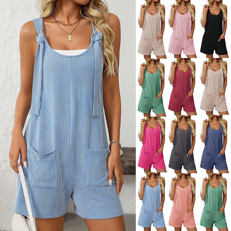 Women's Normal Dungarees Romper Streetwear Solid Color Sleeveless V Neck Pocket Street Daily Regular Fit Black Pink Wine Summer