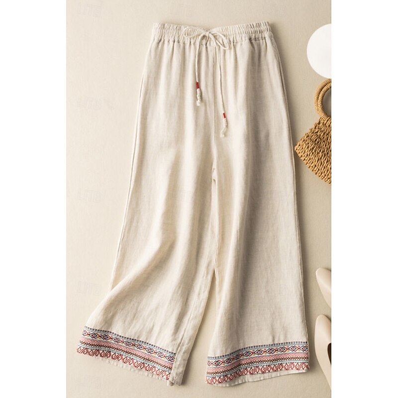 Women's Cotton Linen Pants Slacks Fashion Streetwear Full Length Natural Floral Embroidered Printing Elastic Drawstring Design Outdoor Comfortable Holiday Weekend Apricot Black White Blue Summer
