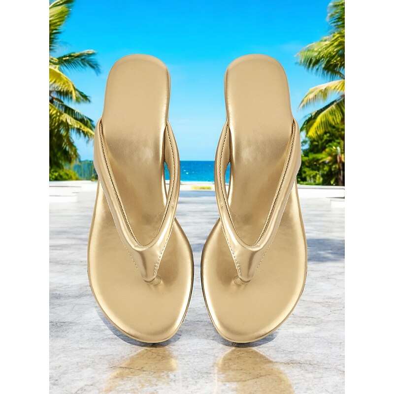 Women's Gold Wedge Flip Flop Sandals – Shiny Metallic Beach Slides for Summer Vacation, Travel, and Casual Wear3