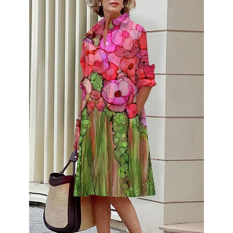 Women's Mini Dress Shirt Dress Casual Dress Summer Dress Fashion Vacation Daily Weekend Regular Fit Floral Long Sleeve Shirt Collar Aqua Blue Pink Blue Dark Green Summer2
