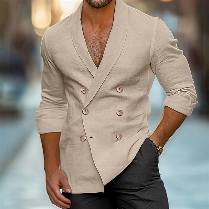 Men's Shirt Summer Shirt Casual Shirt Beach Shirt White Navy Blue Green Apricot Long Sleeve Plain Lapel Vacation Hawaiian Double Breasted Clothing Apparel Polyester Fashion Casual Comfortable4