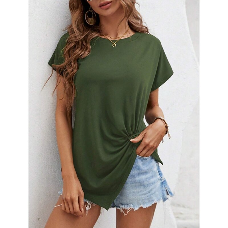 Women's T Shirt Solid Color Plain Fashion Classic Casual Short Sleeve Crew Neck Regular Tops Daily Weekend Asymmetrical Black White Army Green Navy Blue Summer3