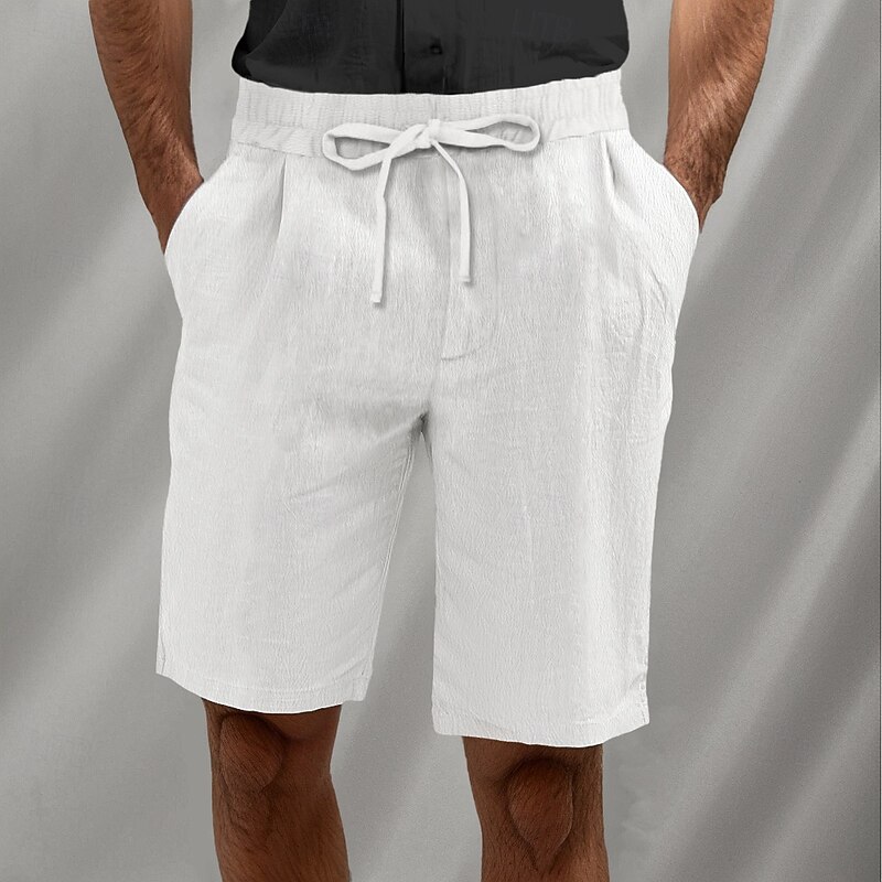 Men's Shorts Linen Shorts Summer Shorts Beach Shorts Drawstring Elastic Waist Pleats Plain Breathable Knee Length Home Yoga Casual Athleisure White Brown3