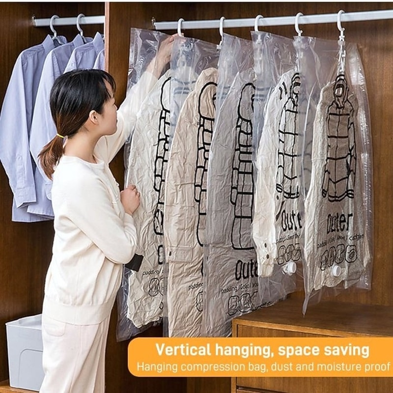 5pcs Hanging Vacuum Storage Bags with Hand Pump, Thickened Compression Bags for Down Jackets, Quilts, Clothes, Space Saver Hanging Organizer, Vacuum Seal Storage Bag for Closet2