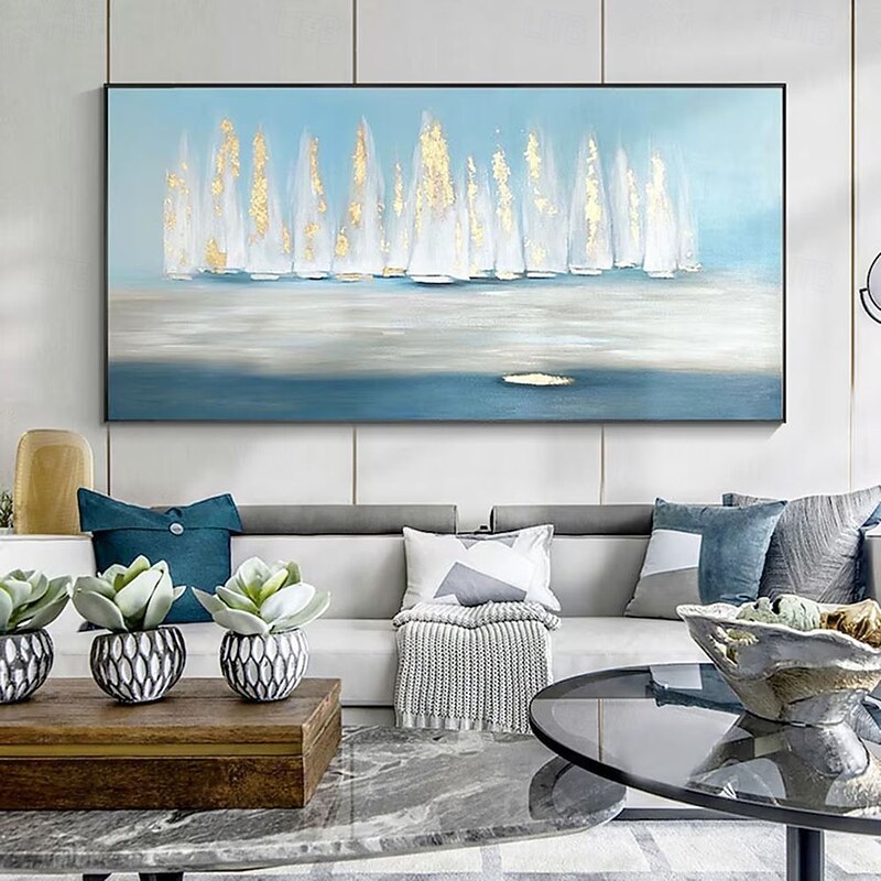 sailboat painting Boat oil paintings hand painted Natural home decor landscape  Oil Painting on Canvas Abstract Art Water sailboat painting sky blue Nature gold art paintings for Living Room Painting2
