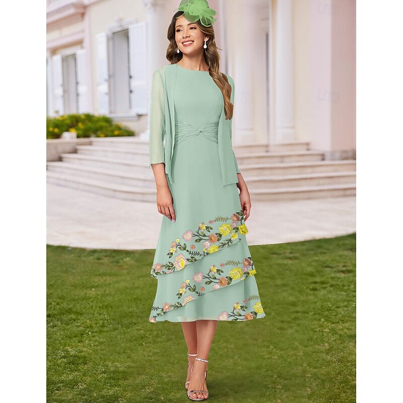 Two Piece A-Line Mother of the Bride Dress Elegant Crew Neck Floor Length Chiffon Long Sleeve Wrap Included with Lace Ruffles Tier Derby Dress