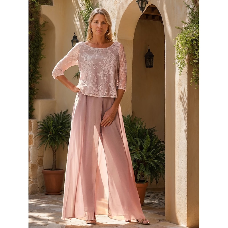 Jumpsuit Mother of the Bride Jumpsuit Elegant Simple Minimalist Crew Neck Floor Length Chiffon Half Sleeve with Lace