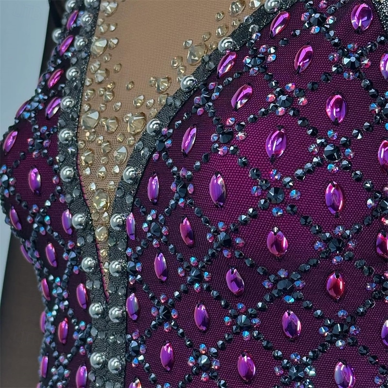 Figure Skating Dress Women's Girls' Ice Skating Dress Dark Purple Open Back Asymmetric Hem Mesh High Elasticity Training Competition Skating Wear Classic Crystal / Rhinestone Long Sleeve Ice Skating2