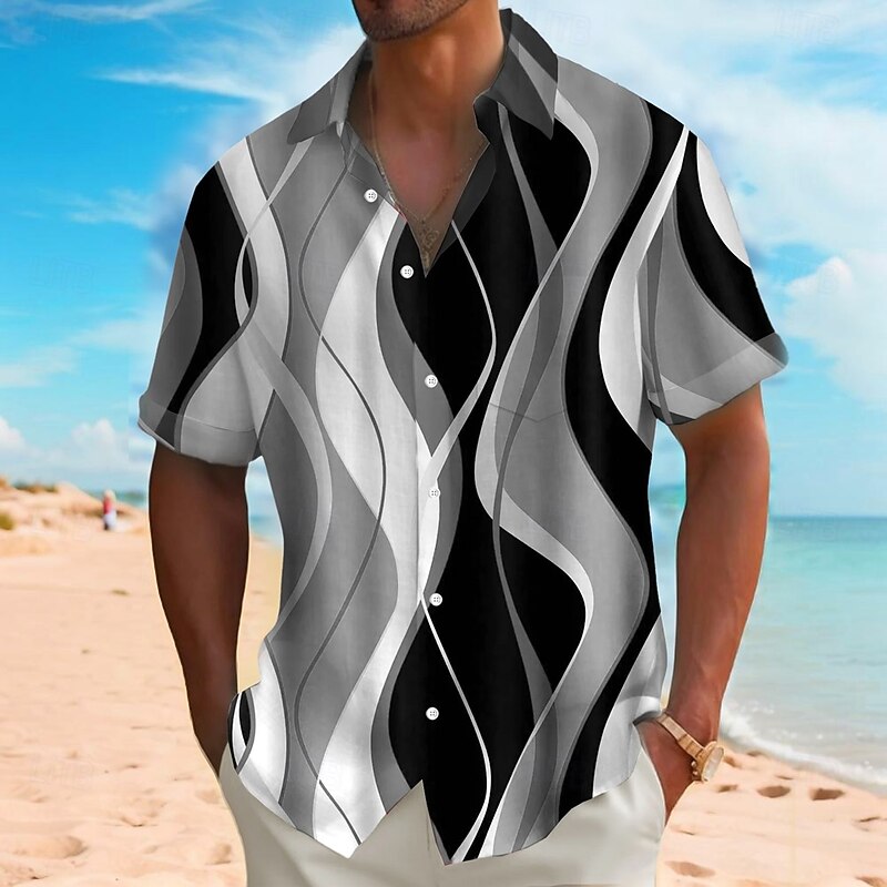 Men's Geometric Waves Abstract Art Shirt Summer Shirt Button Up Shirt Short Sleeve Fashion Casual Vacation Holiday Streetwear Summer Turndown 3D Print Front One Pocket Linen Like Shirt Red Blue Green4