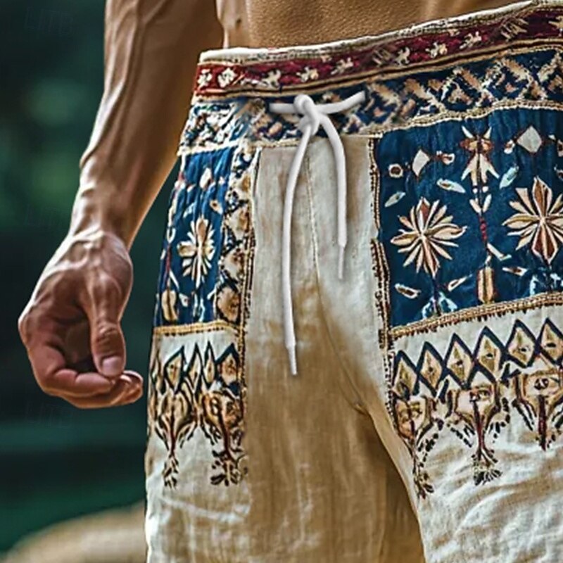 Men's Shorts Linen Shorts Summer Shorts Beach Shorts Drawstring Elastic Waist Straight Leg Plain Comfort Breathable Knee Length Outdoor Daily Holiday Vacation Ethnic Style Khaki3