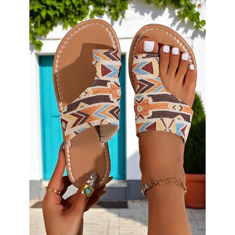 Women's Bohemian Tribal Print Toe Ring Sandals – Lightweight Slip-On Flats for Summer Travel, Beach Holidays, and Casual Outings3