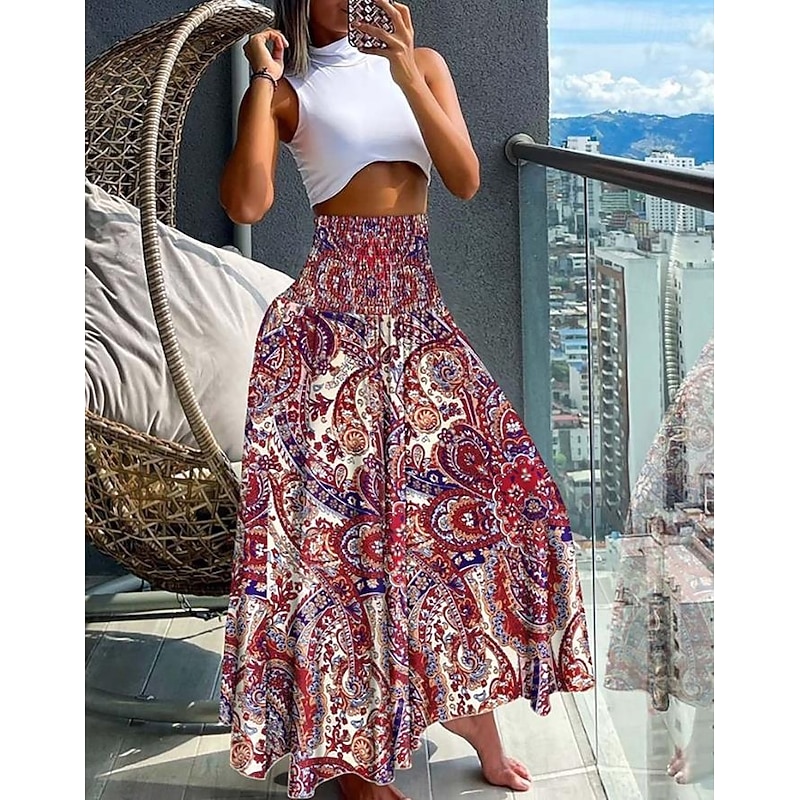 Women's Skirt Maxi Skirt Bohemia Fashion Beach Wear Casual Midi High Waist Skirts Floral Paisley Micro-elastic Vacation Street Gray Green Black Yellow Light Green Summer Polyester3