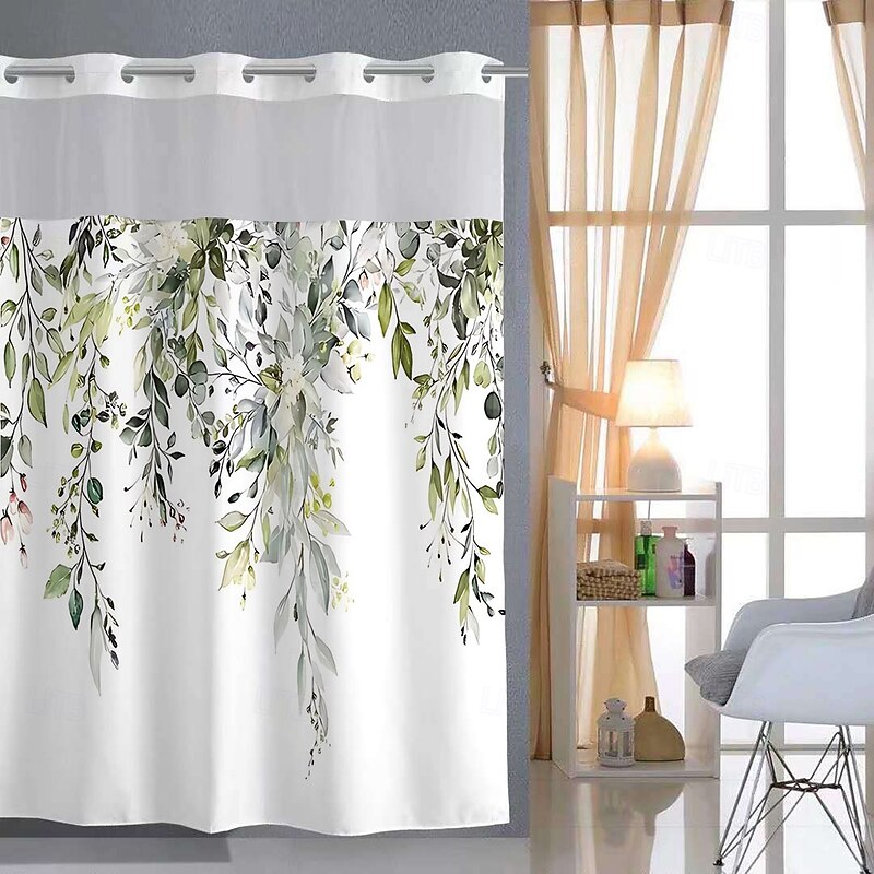 No Hook Shower Curtain 180cm*180cm(70"*70")with Snap-in Polyester Fabric Liner Sheer Top Window Waterproof Double Layer Bathtub Curtain Leaves Plant Pattern2