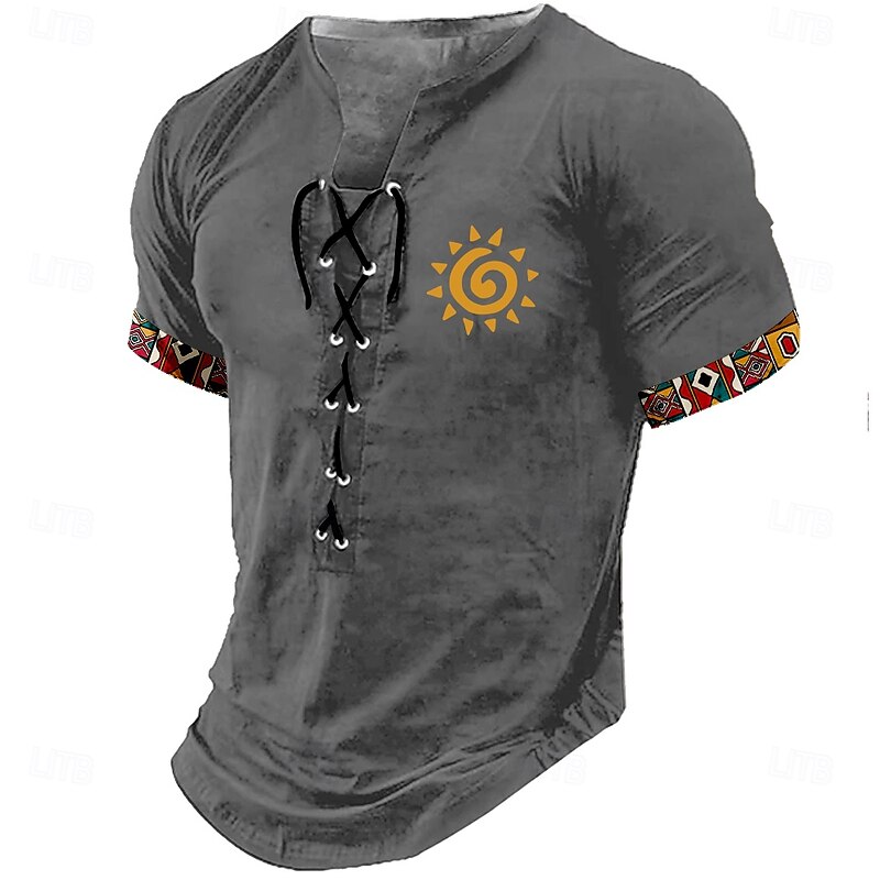 Men's Kokopelli Shirt Short Sleeve T shirt 3D Print Lace Up Neck Shirt Retro Vintage Vintage Retro Street Casual Daily Black Khaki Gray Summer Spring Clothing Apparel S M L XL XXL XXXL3