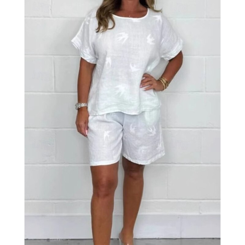 Women's Active Basic Cotton Linen Sets Shorts Sets Short Sleeve Crew Neck Geometric Print Holiday Casual Daily Black White Brown Summer Regular Fit2