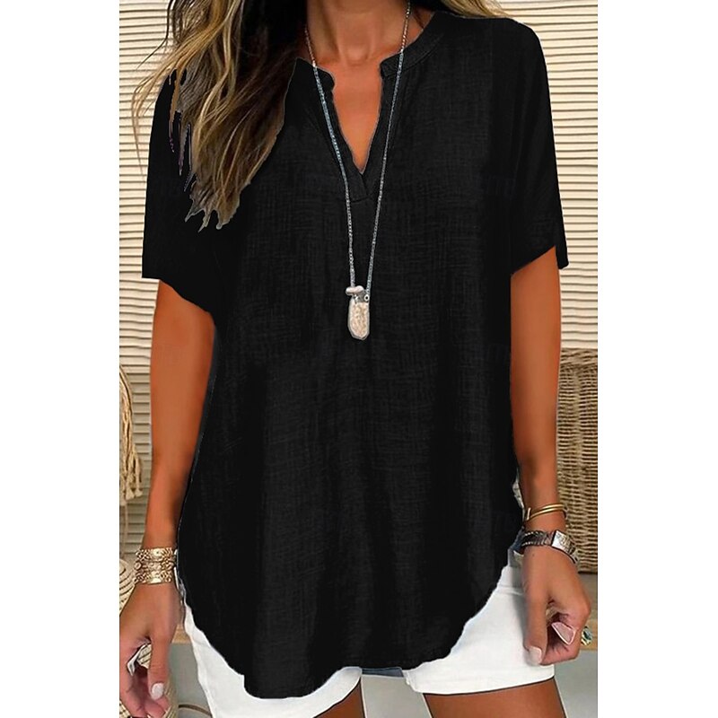 Women's Shirt Blouse Cotton Linen Shirts Plain Basic Casual Short Sleeve V Neck Regular Tops Daily Holiday Asymmetric Hem Black White Blue Purple Summer4