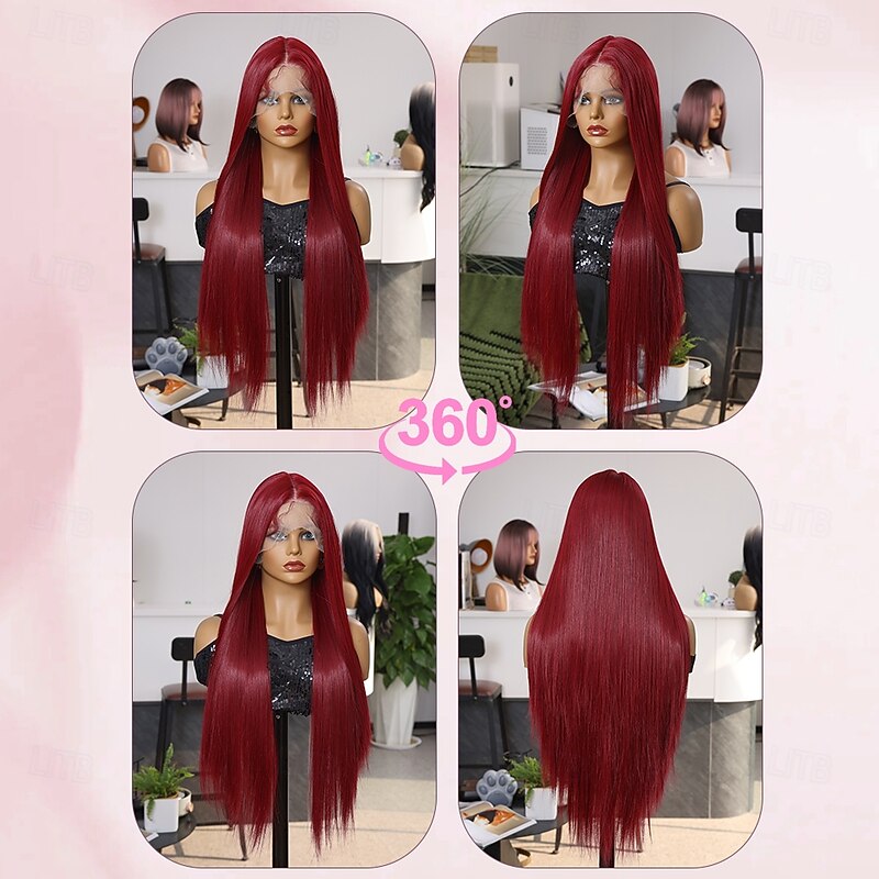 Synthetic Lace Wig Straight Style 32 inch Red Middle Part 13x6 Lace Front Wig Women's Wig Red / White3