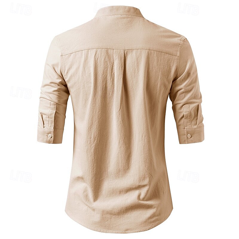 Men's Shirt Linen Shirt Popover Shirt Casual Shirt Cotton Shirt Plain Vacation Hawaiian Black White Apricot Gray 3/4 Length Sleeve Band Collar Summer Spring Clothing Apparel Button-Down4