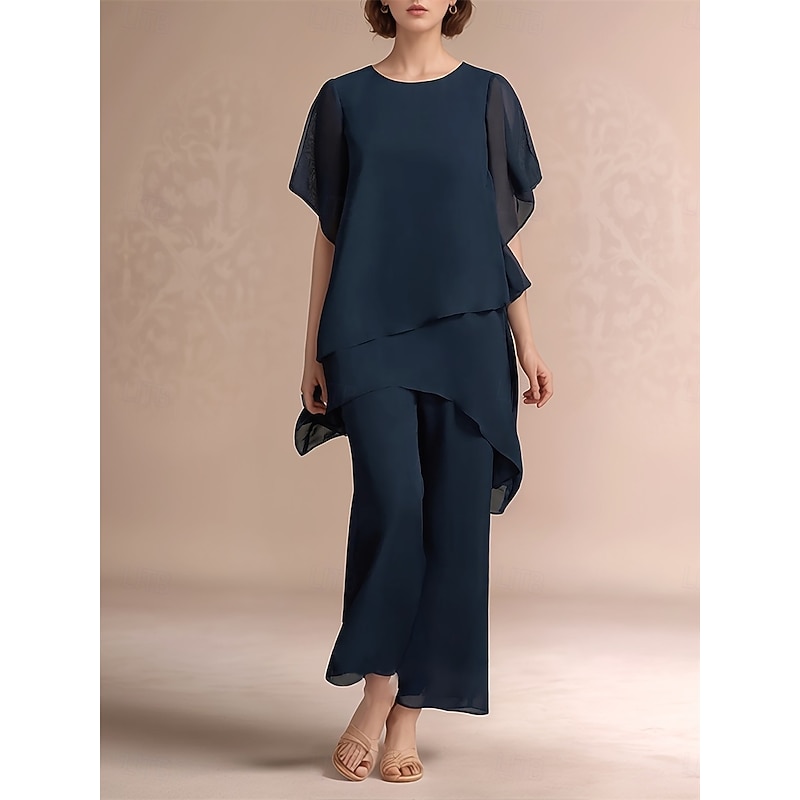 Pantsuit 2 Piece Mother of the Bride Dress Classic Crew Neck Elegant Asymmetrical Chiffon Short Sleeve with Solid Color