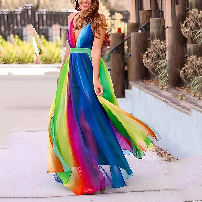 Halloween Dress Rainbow Chiffon Maxi Dress Pride Rainbow Casual Adults' Women's Halloween Carnival Pride Parade Pride Month Easy Halloween Costumes Dress Up