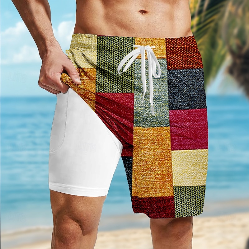 Men's Geometric Color Block Patchwork Lined Shorts 2 in 1 Board Shorts Swim Shorts Mid Waist Hawaiian Holiday Beach Wear Side Pockets With Compression Liner Elastic Drawstring Waist Designer Clothing