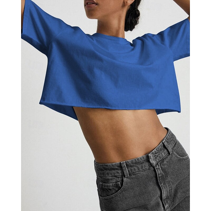 Women's Blouse Plain Modern Short Sleeve Crew Neck Crop Tops Holiday Going out Black Blue Green Summer