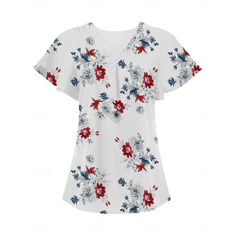 Women's Blouse Summer Tops Floral Stylish Casual Short Sleeve V Neck Regular Tops Daily Print White Blue Gray Light Blue Summer Spring2