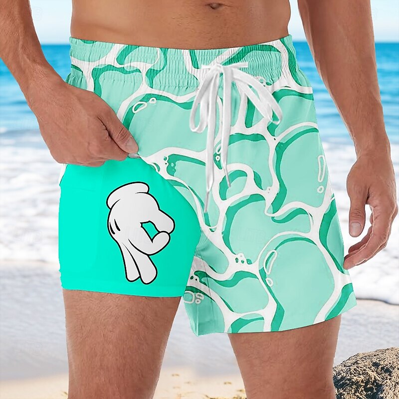 Men's Geometric Funny gestures Lined Shorts 2 in 1 Board Shorts Swim Shorts Mid Waist Hawaiian Vacation Beach Wear Side Pockets With Compression Liner Elastic Drawstring Waist Designer Clothing2