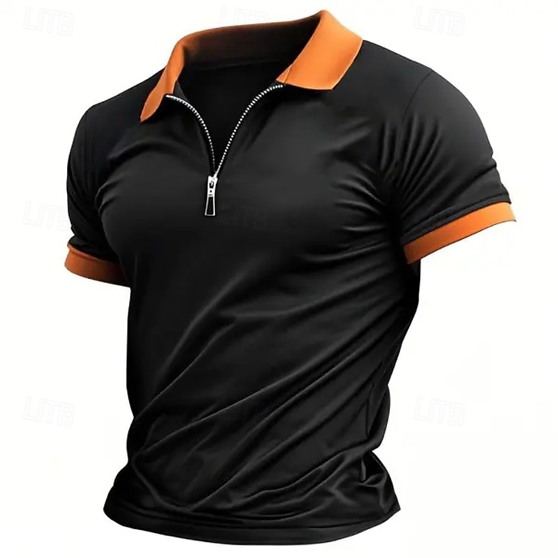 Men's Zip Polo Golf Shirt Casual Holiday Lapel Quarter Zip Short Sleeve Fashion Basic Plain Quarter Zip Summer All Seasons Regular Fit Black White Burgundy Drak Red Zip Polo