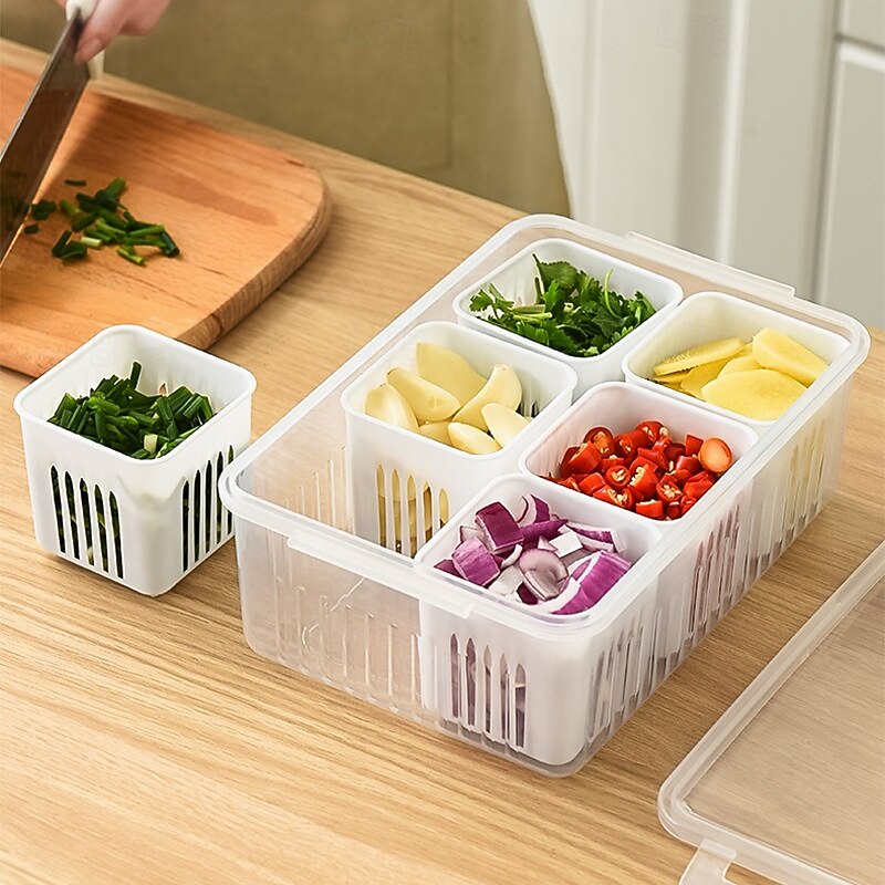 6-in-1 Refrigerator Storage Bin with Lid - Dust-ProokPreservation & Drainage Box for Onions, Garlic, Fruits&More
