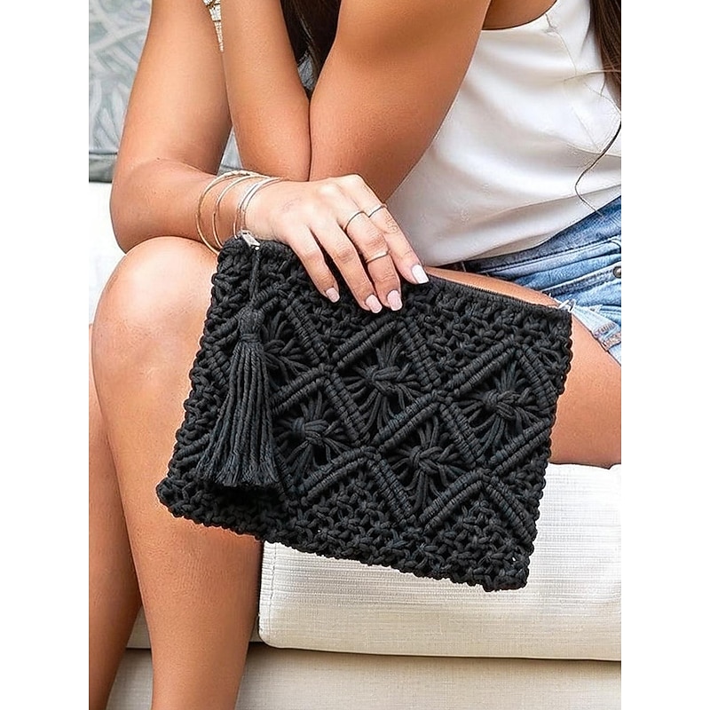 Women's Handwoven Boho Crossbody Bag – Vintage Macrame Shoulder Purse with Tassel for Beach Vacations and Casual Outfits Color Black White Pink4