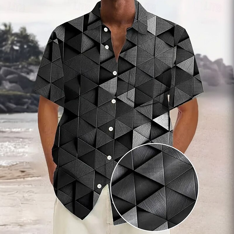 Men's Geometric Optical Illusion Grid / Plaid Shirt Summer Shirt Button Up Shirt Short Sleeve Fashion Casual Vacation Dailywear Holiday Summer Spring Turndown 3D Print Collared Shirts Front One Pocket
