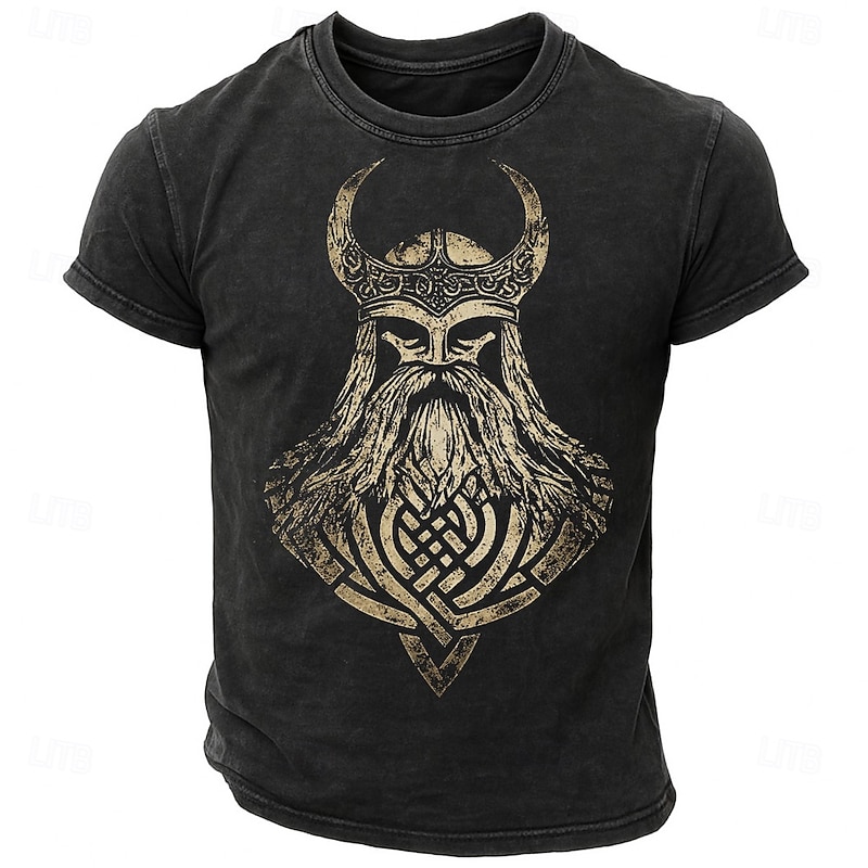 Men's Vintage Viking T shirt Tee Washed Shirt 100% Cotton Short Sleeve Graphic Shirt Black Comfortable Tee Street Daily Fashion Designer Clothing - Main Image
