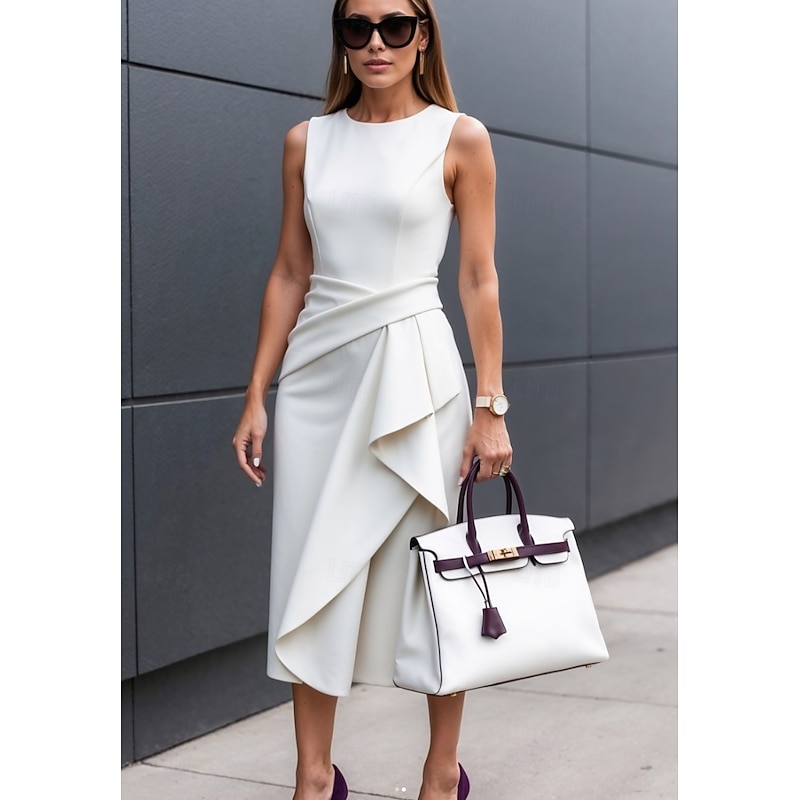 Women's Midi Dress Sheath Dress Summer Dress Ruched Dress Elegant Date Summer Dress Regular Fit Pure Color Sleeveless Crew Neck White Blue Purple Summer