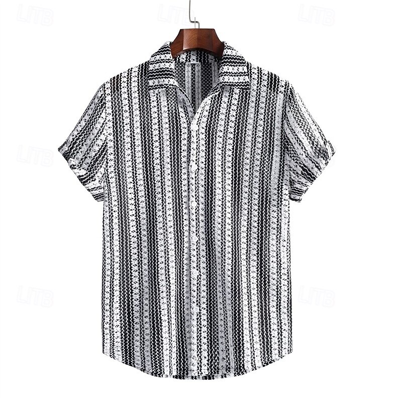 Men's Shirt Summer Shirt Casual Shirt Beach Shirt Button Up Shirt Black Short Sleeve Stripes Lapel Vacation Hawaiian Clothing Apparel Polyester Fashion Casual Comfortable Pocket