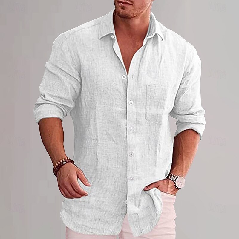 Men's Cotton Linen Shirt Plain Vacation Black White Wine Sky Blue Long Sleeve Lapel Clothing Apparel2