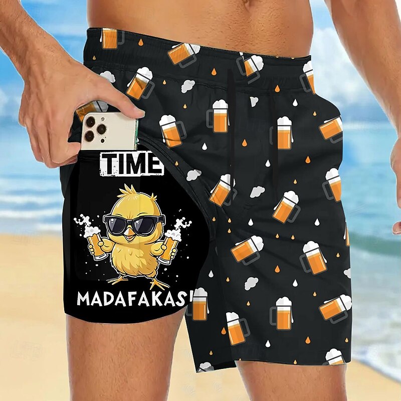 Men's Funny Beer Duck Lined Shorts 2 in 1 Board Shorts Swim Shorts Mid Waist Hawaiian Vacation Holiday Beach Wear Side Pockets With Compression Liner Elastic Drawstring Waist Designer Clothing Apparel2