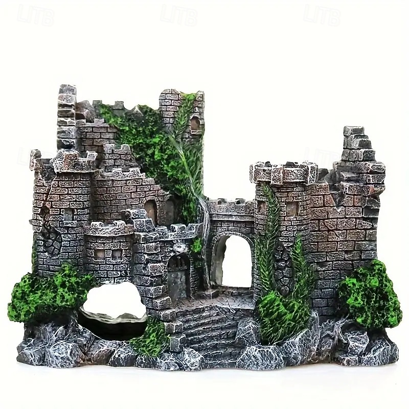 Vintage Resin Castle Aquarium Ornaments - Realistic Medieval Landscape With Moss-covered Perfect Fish Tank Hideaway4