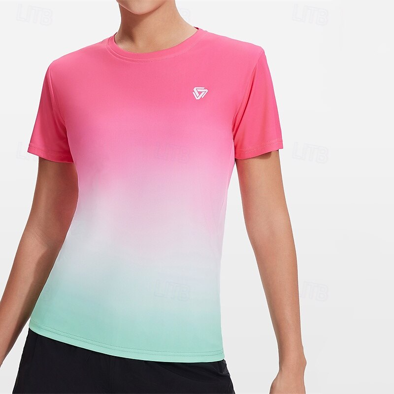 Women's Yoga Top Crew Neck Quick Dry Breathable Short Sleeve Sports Color Gradient Top For Gym Workout Dance Pickleball Activewear
