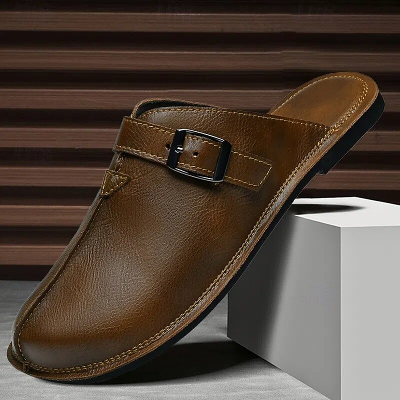 Men's Brown Closed-Toe Slide Faux Leather Sandals – Comfortable Slip-On Sandals for Relaxed Outdoor Activities