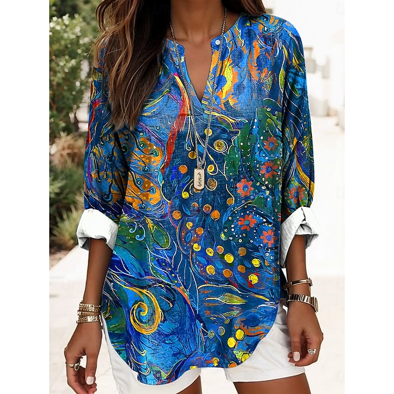 Women's Blouse Tunic V Neck Long Sleeve Boho Casual Floral Graphic Abstract Elegant Daily Regular Tops Daily Print Red Blue Purple Green