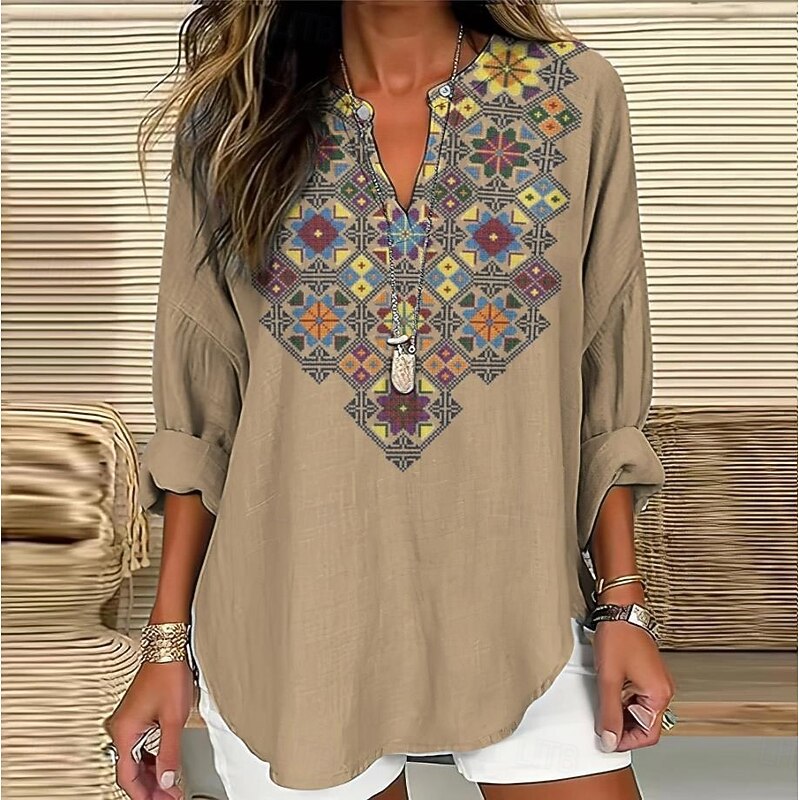 Women's Blouse Tunic V Neck Long Sleeve Boho Casual Tops Floral Graphic Bohemia Vintage Tropical Regular Tops Daily Vacation Wear Print White Khaki2